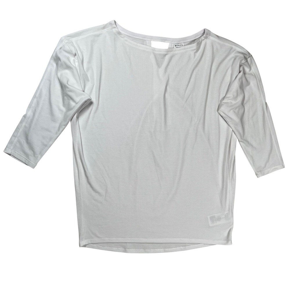 Athleta Cutout Top Women Small White 3/4 Sleeve Boat Neck Minimalist Lightweight